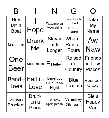 Boots & Bourbon Bingo Card