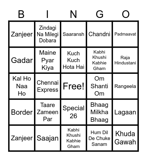 Bollywood Bingo Card