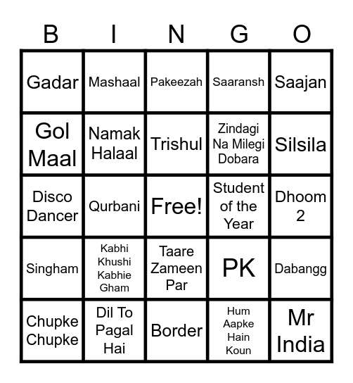 Bollywood Bingo Card