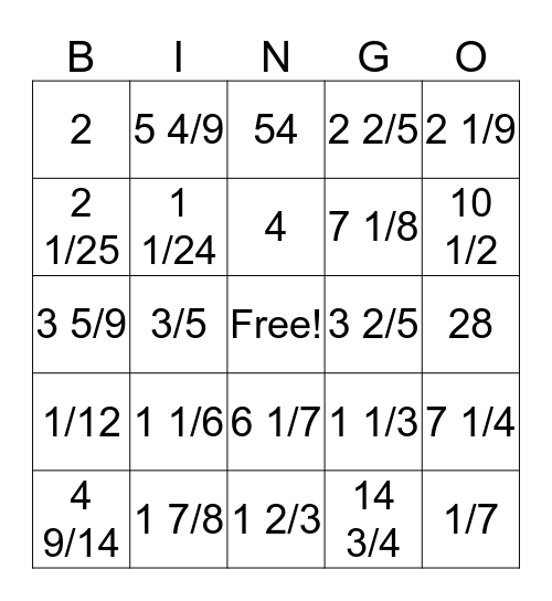 Multiply Mixed Numbers & Fractions Bingo Card