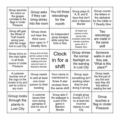Escapology Bingo Card