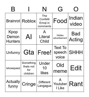 Youtube Shorts Bingo Card