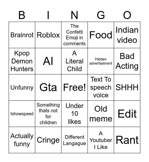 Youtube Shorts Bingo Card