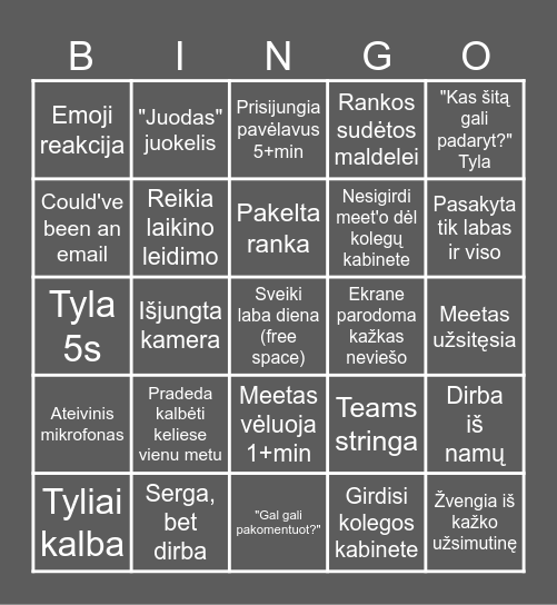 Teams meeting Bingo Card