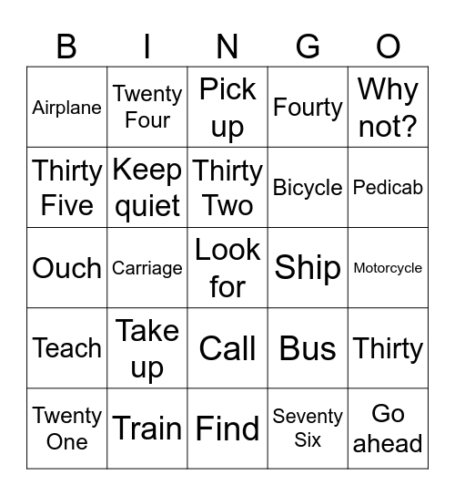 Vehicle Bingo Card