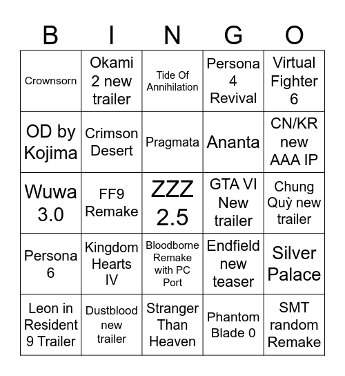 TGA 2025 Bingo Shiet Bingo Card