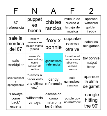 five freddy night 2 Bingo Card
