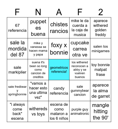 five freddy night 2 Bingo Card