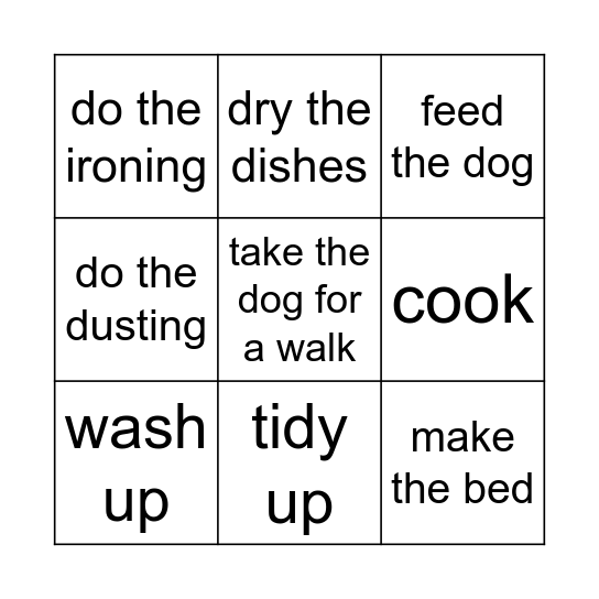 Jobs at Home Bingo Card