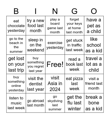 Past Simple Tense Bingo Card