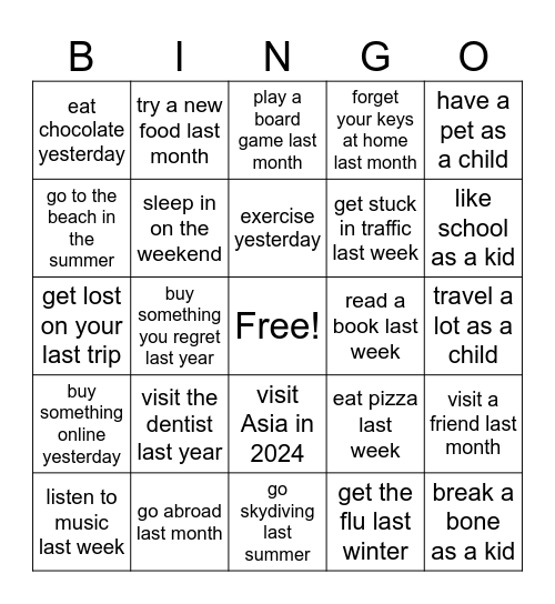 Past Simple Tense Bingo Card