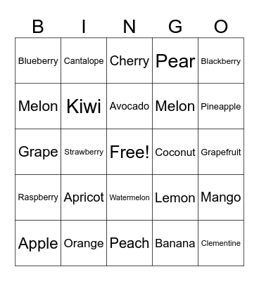 Fruits bingo card Bingo Card