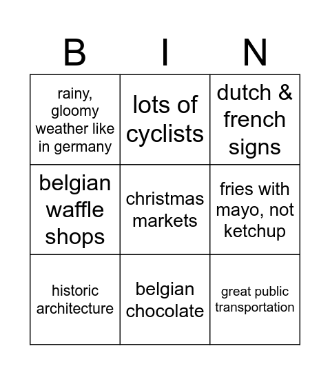 Belgium Bingo Card
