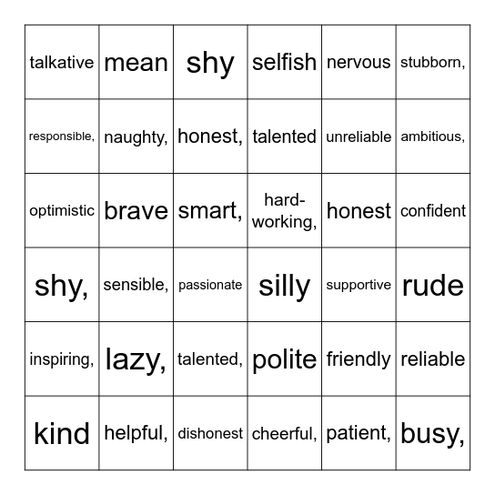 Personality traits Bingo Card