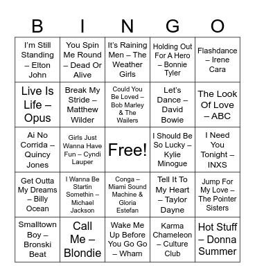 80's Music Bingo Card