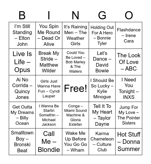 80's Music Bingo Card