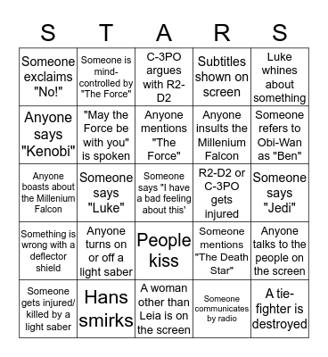 STAR WARS: A NEW HOPE Bingo Card