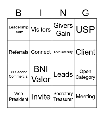 BNI Valor Bingo Card