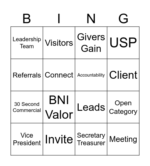 BNI Valor Bingo Card