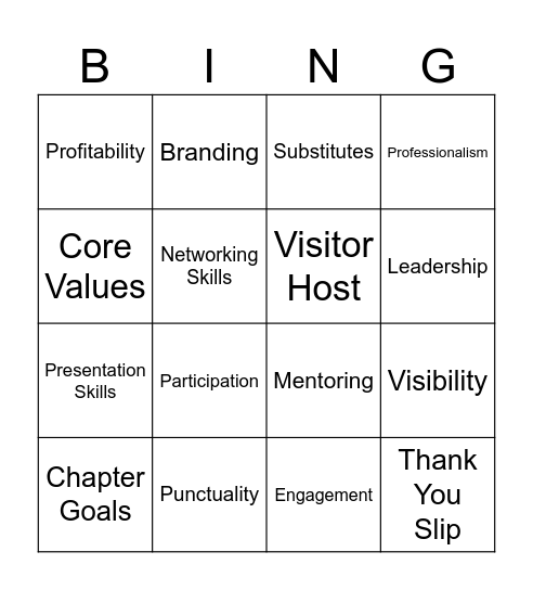 BNI Valor Bingo Card