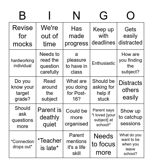 Parent's evening Bingo! Bingo Card