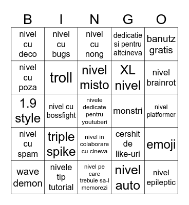 nivele dedicate pentru youtuberi Bingo Card