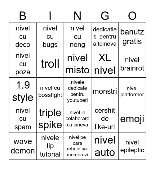 nivele dedicate pentru youtuberi Bingo Card