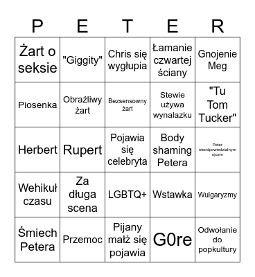 Family Guy Bingo Card