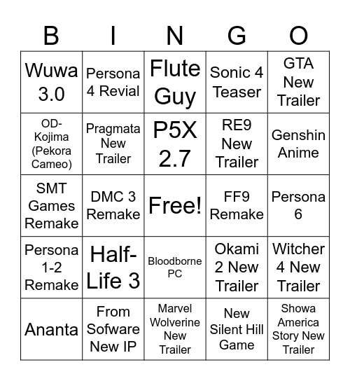 The Game Award Bingo Card