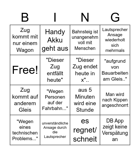 Deutsche Bahn kommt zu spät Bingo Card