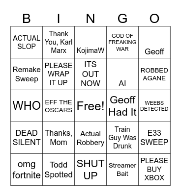 The Game Awards 2025 Bingo Card