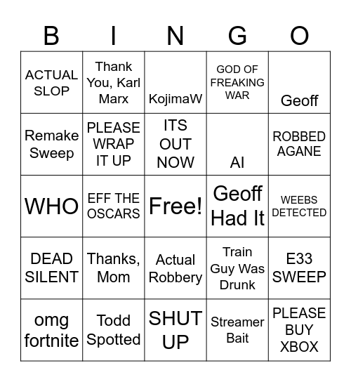 The Game Awards 2025 Bingo Card