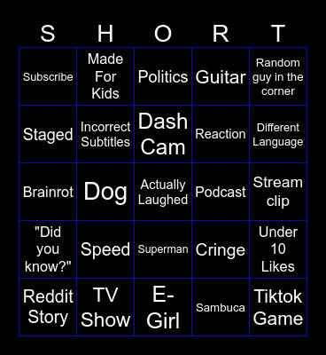 YT shorts Bingo Card