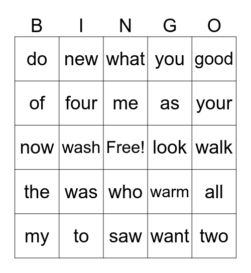 SWYCS List 1-2 Bingo Card