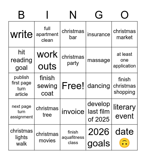 December Bingo Card