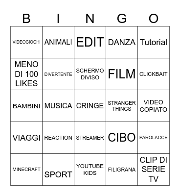 YouTube shorts Bingo Card