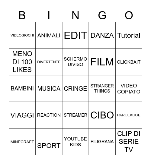 YouTube shorts Bingo Card