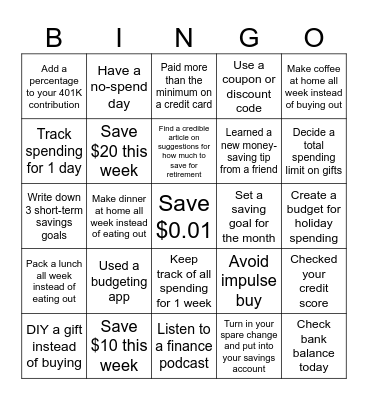 Hueman Financial Wellness Challenge Bingo Card