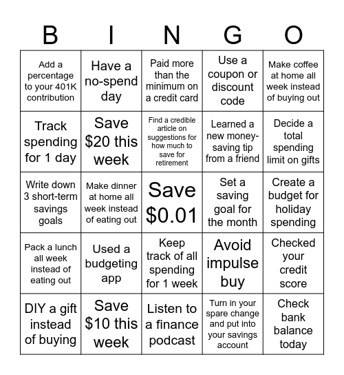 Hueman Financial Wellness Challenge Bingo Card