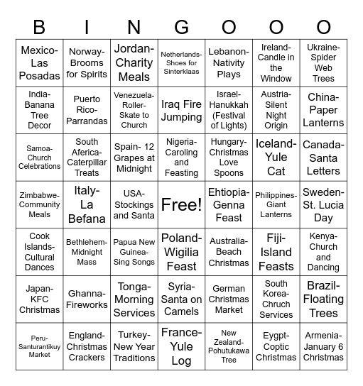 Christmas Around the World Bingo Card