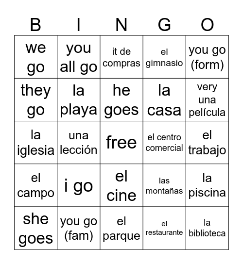Going Places Bingo Card