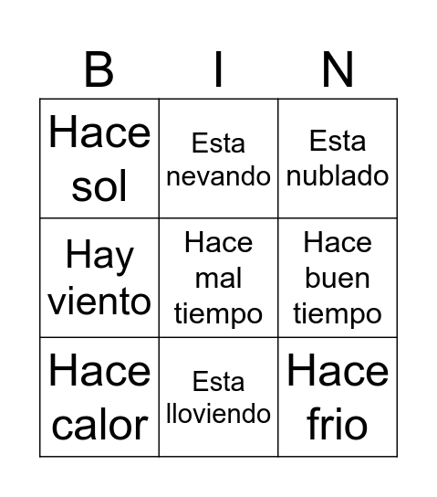 Weather/ El Tiempo Bingo Card