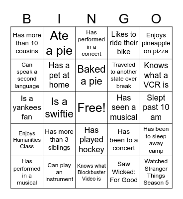 Thanksgiving Break Bingo Card