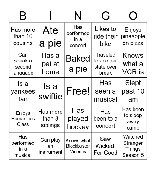 Thanksgiving Break Bingo Card