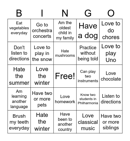 Philharmonia and Sinfonia Treat Night Bingo Card