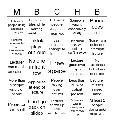 year 2 block 3 lectures bingo card Bingo Card