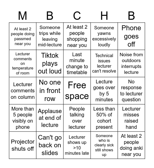 year 2 block 3 lectures bingo card Bingo Card