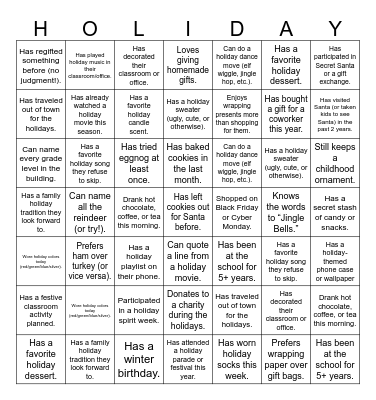 Holiday Staff Bingo Card