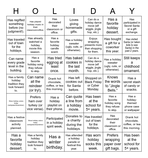 Holiday Staff Bingo Card