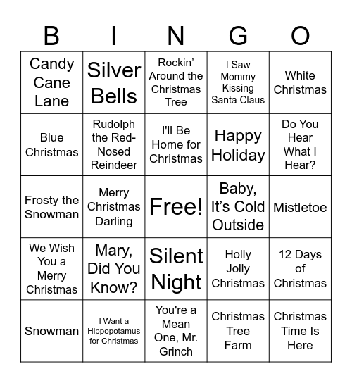 Christmas Song Bingo Card